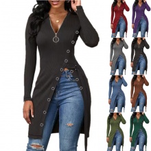 ​Women Casual  V-neck Long-sleeved High-slit Threaded Zipper T-shirt top