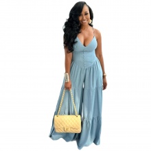 Sexy African Women Solid Color Deep V-Neck Loose Fashion Jumpsuit Outfit